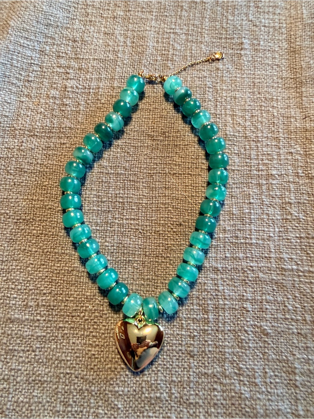 Gold Heart Pendant Green Resin  Beaded Necklace - Picture 2 of 4